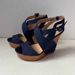 BCBG Blue Cork Wedges